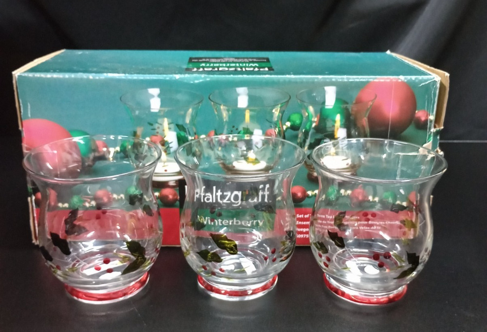 Pfaltzgraff Winterberry Set 3 Tea Light Candle Holders Glass Christmas Holiday